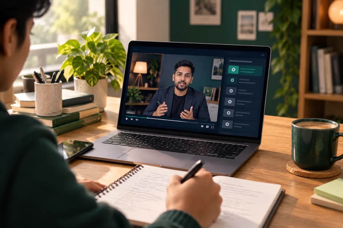 A learner taking notes while a video lesson plays on a laptop